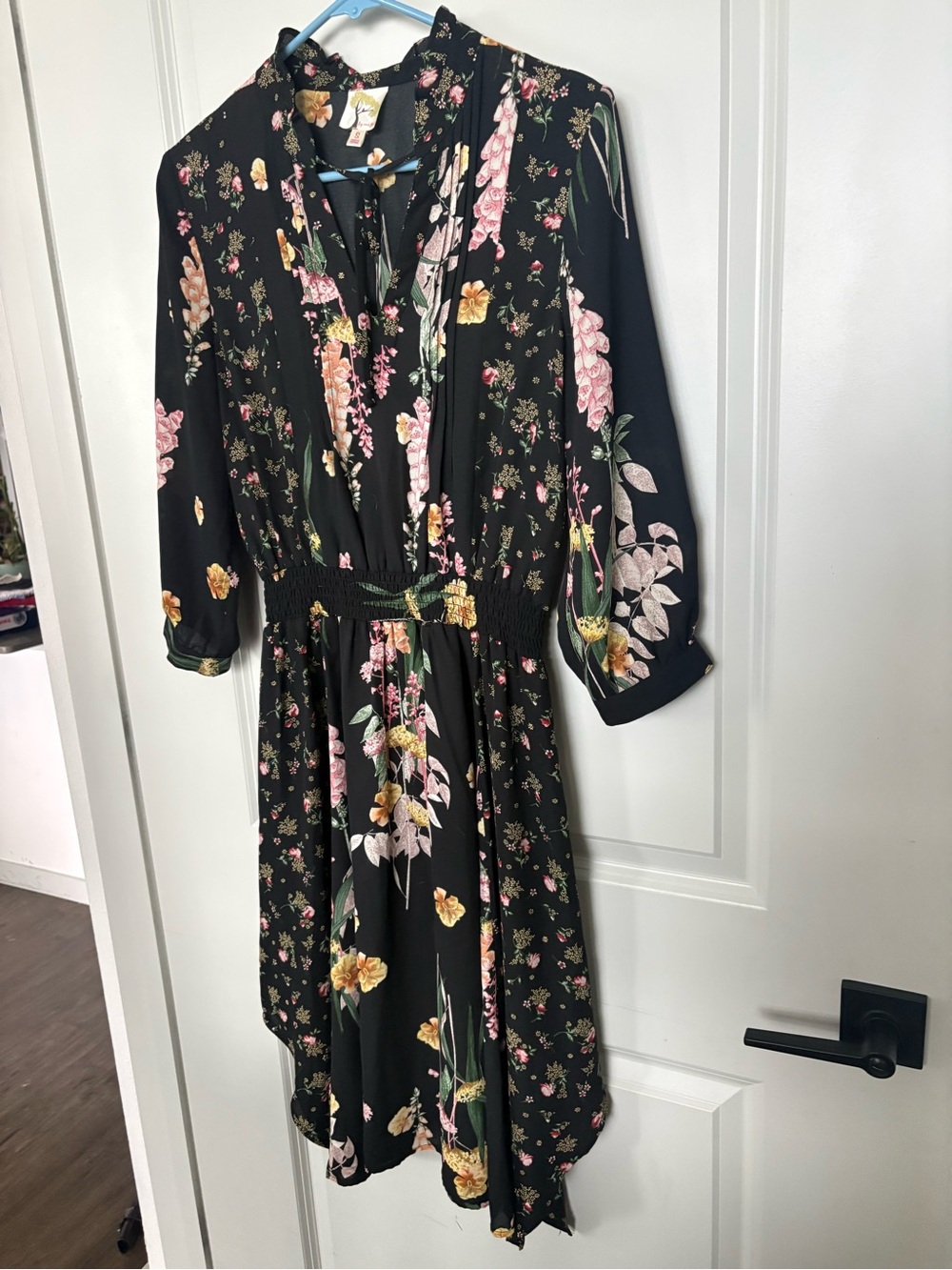 Fig & Flower Floral Black Midi Dress with Pink & Yellow Blooms
